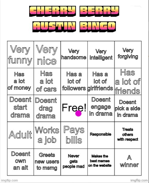 Cherry berry austin bingo | image tagged in cherry berry austin bingo | made w/ Imgflip meme maker