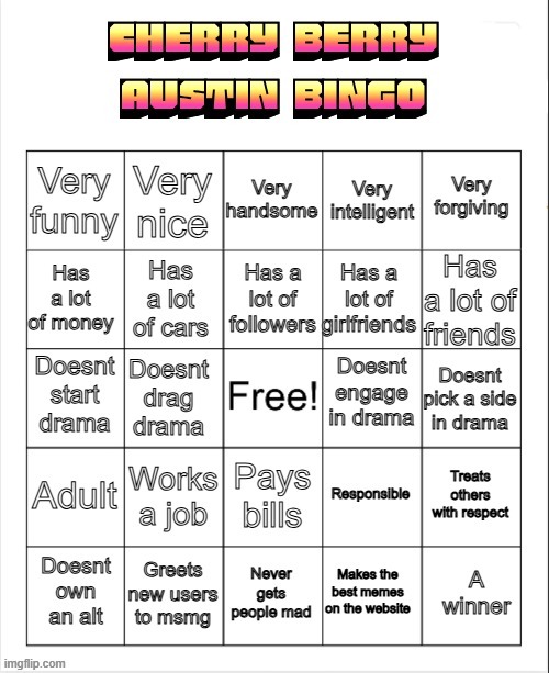 . | image tagged in cherry berry austin bingo | made w/ Imgflip meme maker