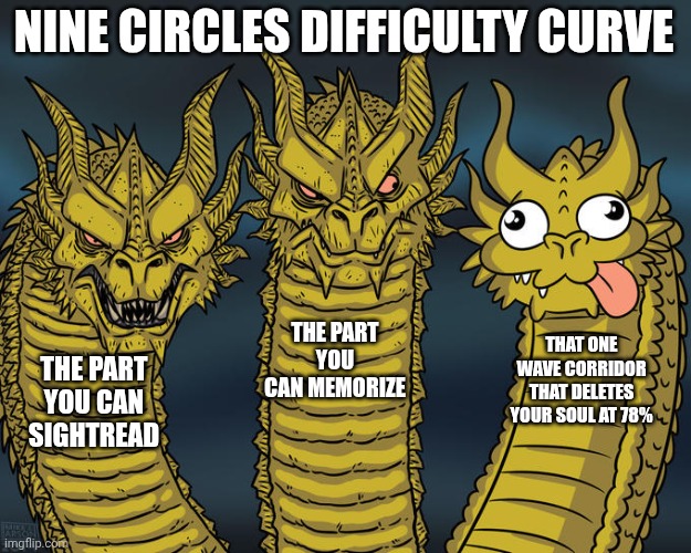 This Meme is AI | NINE CIRCLES DIFFICULTY CURVE; THE PART YOU CAN MEMORIZE; THAT ONE WAVE CORRIDOR THAT DELETES YOUR SOUL AT 78%; THE PART YOU CAN SIGHTREAD | image tagged in three-headed dragon | made w/ Imgflip meme maker