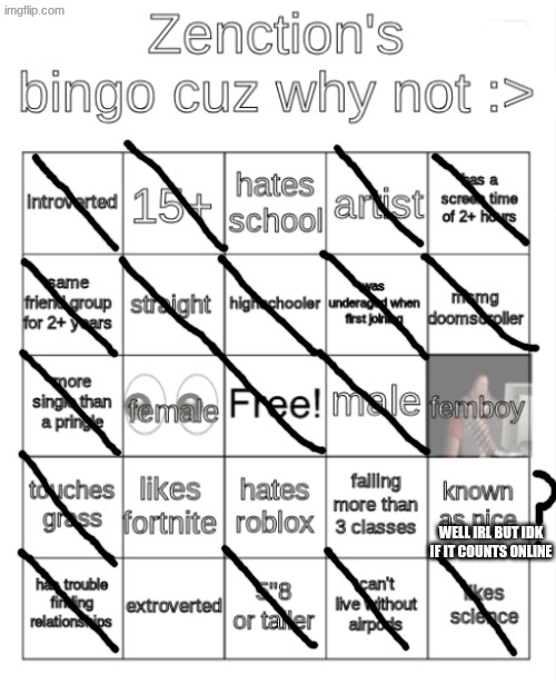Zenction's bingo | WELL IRL BUT IDK IF IT COUNTS ONLINE | image tagged in zenction's bingo | made w/ Imgflip meme maker