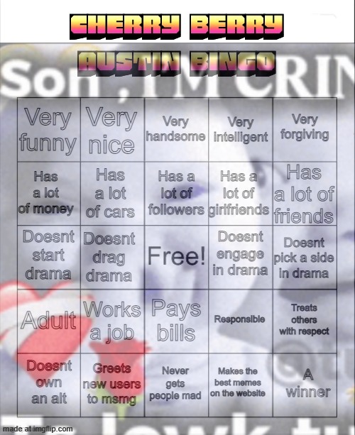 Cherry berry austin bingo | image tagged in cherry berry austin bingo | made w/ Imgflip meme maker