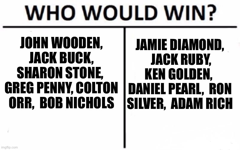 Who Would Win? Meme | JOHN WOODEN,  JACK BUCK,  SHARON STONE,  GREG PENNY, COLTON ORR,  BOB NICHOLS; JAMIE DIAMOND,  JACK RUBY, KEN GOLDEN,  DANIEL PEARL,  RON SILVER,  ADAM RICH | image tagged in memes,who would win | made w/ Imgflip meme maker