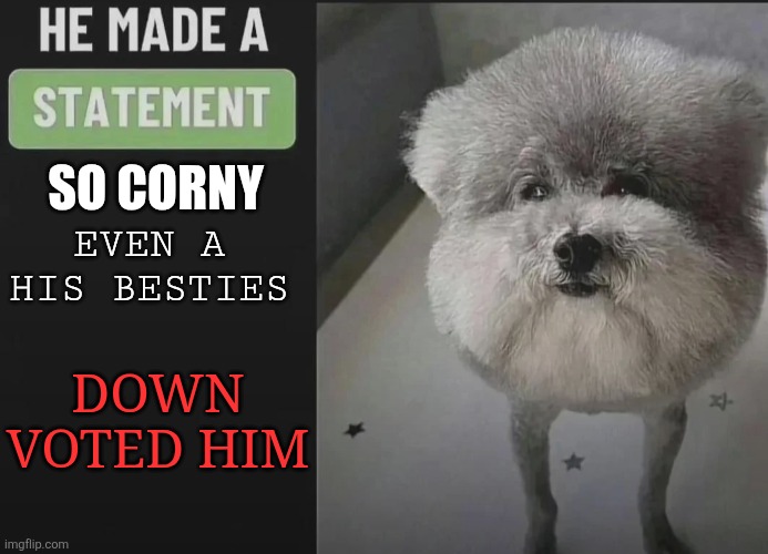 Idk what to put here | SO CORNY; EVEN A HIS BESTIES; DOWN VOTED HIM | image tagged in he made a statement blank | made w/ Imgflip meme maker