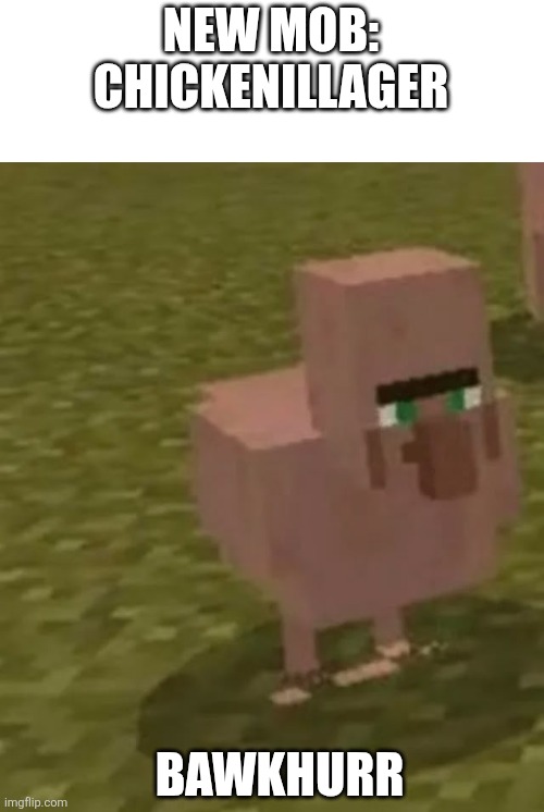 The new mob | NEW MOB:


CHICKENILLAGER; BAWKHURR | image tagged in chickenillager,villager,minecraft,chicken | made w/ Imgflip meme maker