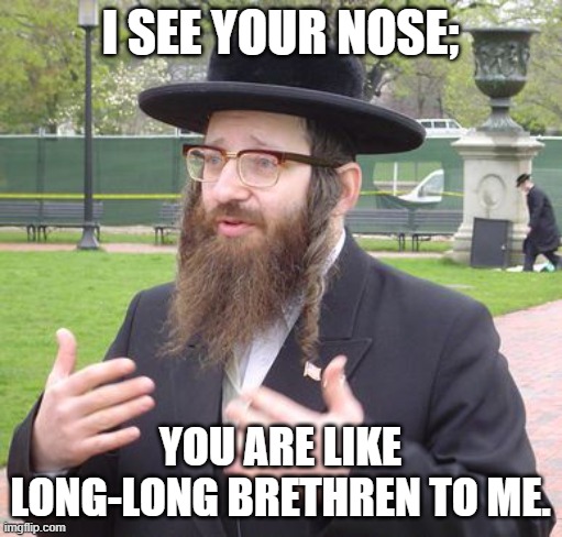 Jewish Dude | I SEE YOUR NOSE; YOU ARE LIKE LONG-LONG BRETHREN TO ME. | image tagged in jewish dude | made w/ Imgflip meme maker