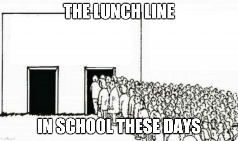 why is this so true | THE LUNCH LINE; IN SCHOOL THESE DAYS | image tagged in people in line | made w/ Imgflip meme maker