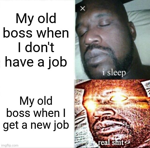 Sleeping Shaq Meme | My old boss when I don't have a job; My old boss when I get a new job | image tagged in memes,sleeping shaq | made w/ Imgflip meme maker