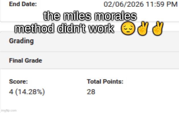 does the score have to be absolute 0% to work | the miles morales method didn't work  😔✌✌ | made w/ Imgflip meme maker