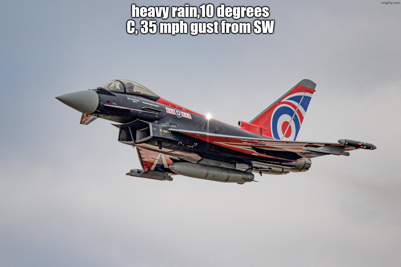 Eurofighter Typhoon Blackjack livery | heavy rain,10 degrees C, 35 mph gust from SW | image tagged in eurofighter typhoon blackjack livery | made w/ Imgflip meme maker