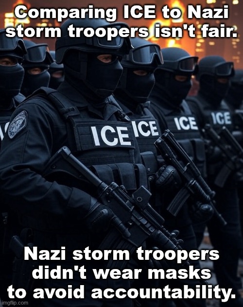ICE are not stormtroopers | Comparing ICE to Nazi storm troopers isn't fair. Nazi storm troopers didn't wear masks to avoid accountability. | image tagged in trump secret police stormtroops ice washington dc | made w/ Imgflip meme maker
