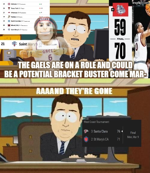 saint mary's gaels meme | THE GAELS ARE ON A ROLE AND COULD BE A POTENTIAL BRACKET BUSTER COME MAR- | image tagged in memes,basketball,nba memes,sports,gonzaga,aaaaand its gone | made w/ Imgflip meme maker