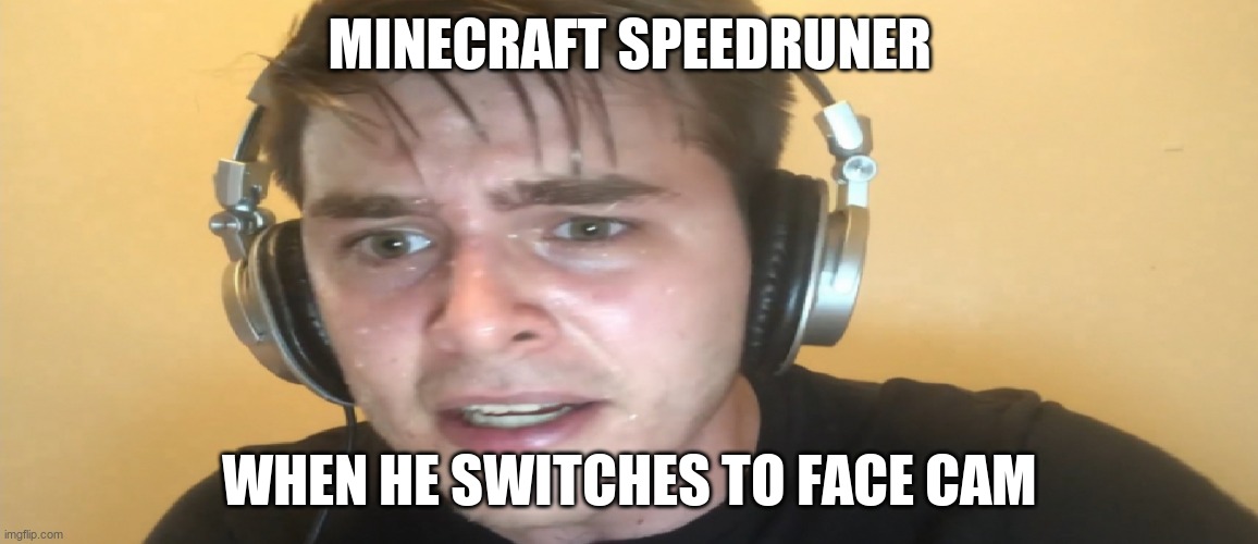 true meme | MINECRAFT SPEEDRUNER; WHEN HE SWITCHES TO FACE CAM | image tagged in sweaty gamer,funny | made w/ Imgflip meme maker
