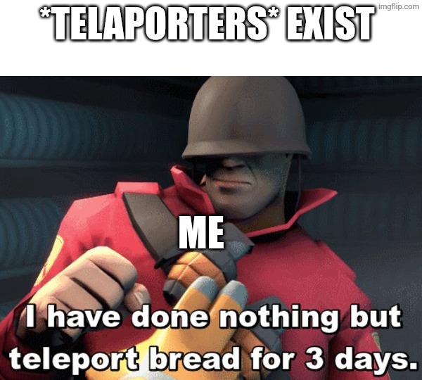 I have done nothing but teleport bread for 3 days | *TELAPORTERS* EXIST; ME | image tagged in i have done nothing but teleport bread for 3 days | made w/ Imgflip meme maker