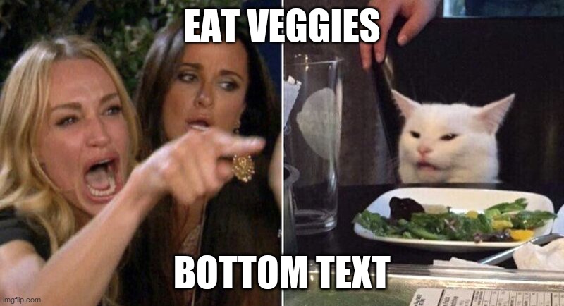 e a t | EAT VEGGIES; BOTTOM TEXT | image tagged in woman pointing at cat | made w/ Imgflip meme maker