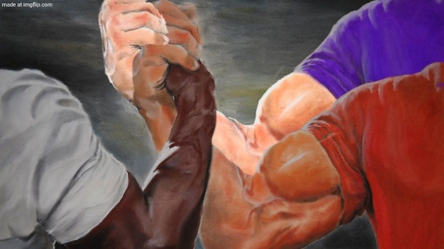 Epic Handshake Three Way | image tagged in epic handshake three way | made w/ Imgflip meme maker