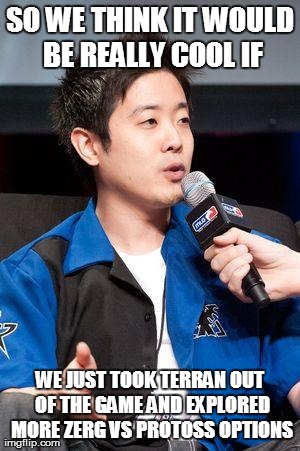 David Kim | SO WE THINK IT WOULD BE REALLY COOL IF WE JUST TOOK TERRAN OUT OF THE GAME AND EXPLORED MORE ZERG VS PROTOSS OPTIONS | image tagged in david kim | made w/ Imgflip meme maker