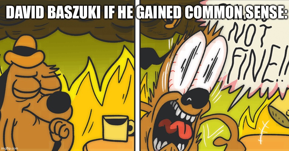 David baszuki if he gained common sense: | DAVID BASZUKI IF HE GAINED COMMON SENSE: | image tagged in this is not fine | made w/ Imgflip meme maker