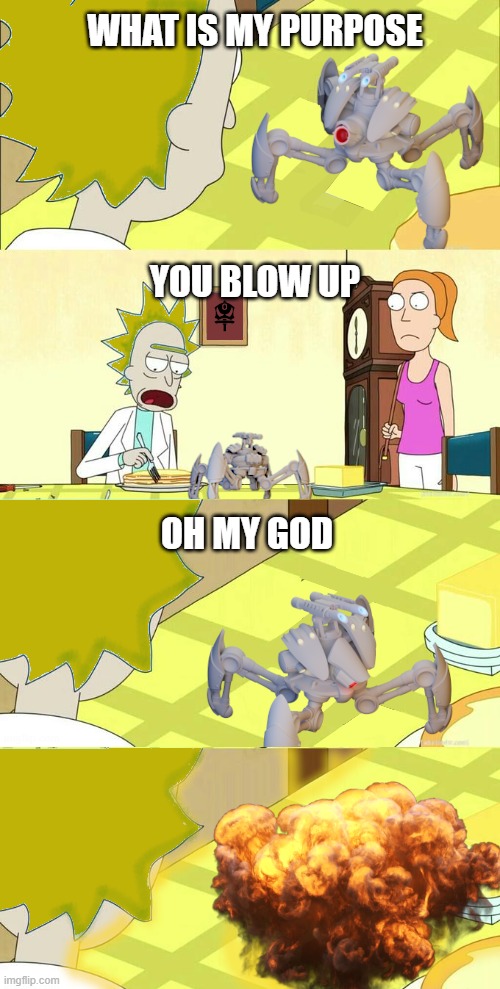 Jak bomb bots purpose | WHAT IS MY PURPOSE; YOU BLOW UP; OH MY GOD | image tagged in what is my purpose | made w/ Imgflip meme maker