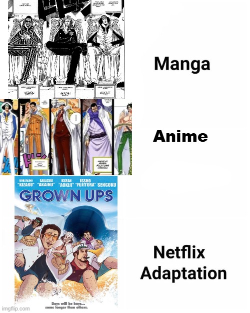 lol | Anime | image tagged in manga anime netflix adaption,grown ups,one piece,lol so funny,admirals,world government | made w/ Imgflip meme maker