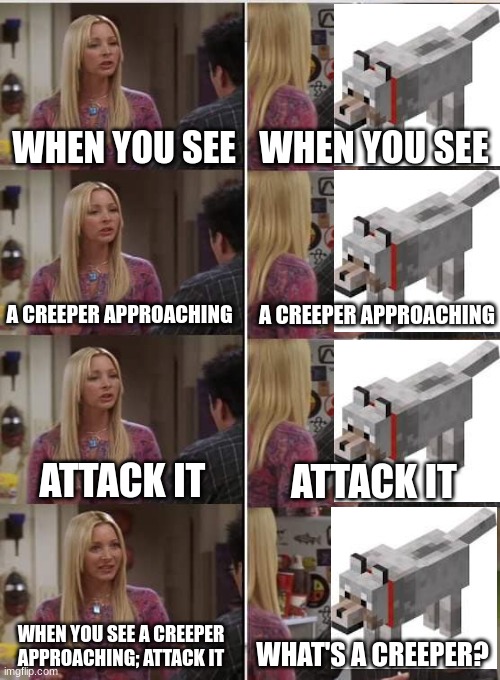 they might be invisable to wolves and iron golems | WHEN YOU SEE; WHEN YOU SEE; A CREEPER APPROACHING; A CREEPER APPROACHING; ATTACK IT; ATTACK IT; WHEN YOU SEE A CREEPER APPROACHING; ATTACK IT; WHAT'S A CREEPER? | image tagged in phoebe joey,minecraft,memes | made w/ Imgflip meme maker