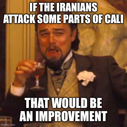 Laughing Leo Meme | IF THE IRANIANS ATTACK SOME PARTS OF CALI THAT WOULD BE AN IMPROVEMENT | image tagged in memes,laughing leo | made w/ Imgflip meme maker
