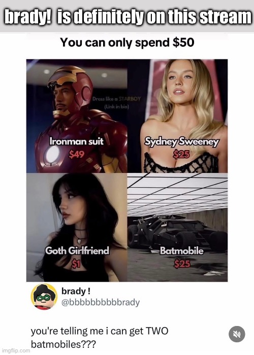 We ALL want this | brady!  is definitely on this stream | image tagged in batman,batmobile,budget | made w/ Imgflip meme maker