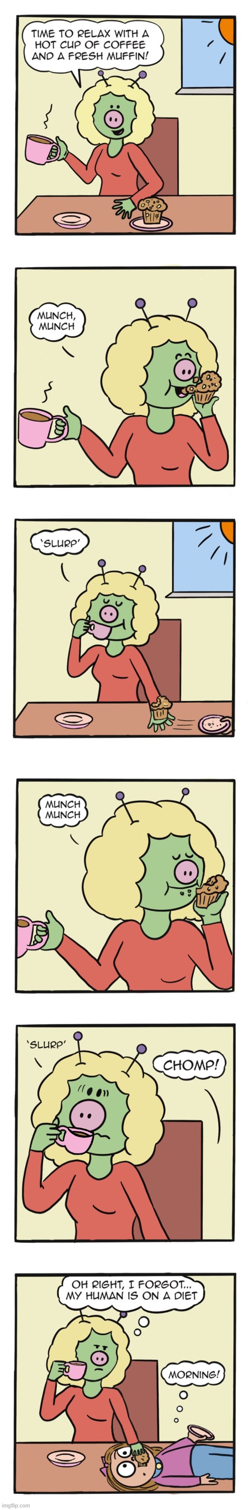 image tagged in alien,coffee,muffin,human,sally,chomp | made w/ Imgflip meme maker