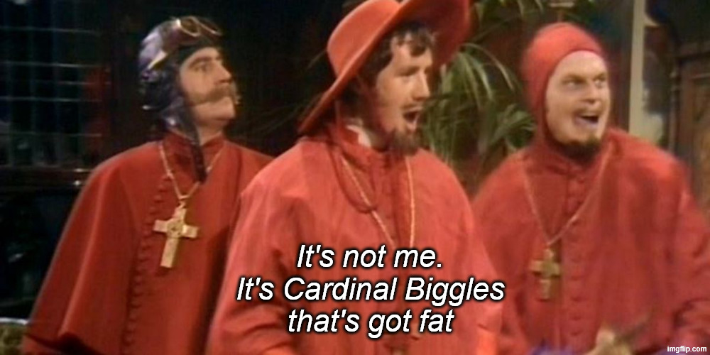 spanish inquisition | It's not me. It's Cardinal Biggles
that's got fat | image tagged in spanish inquisition | made w/ Imgflip meme maker