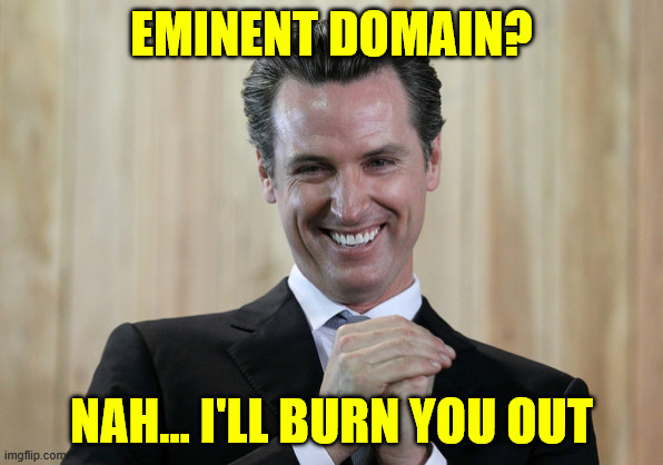 Scheming Gavin Newsom  | EMINENT DOMAIN? NAH... I'LL BURN YOU OUT | image tagged in scheming gavin newsom | made w/ Imgflip meme maker