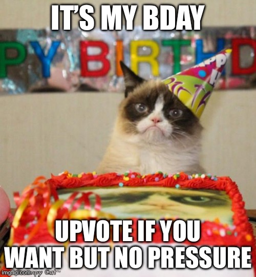 Crack | IT’S MY BDAY; UPVOTE IF YOU WANT BUT NO PRESSURE | image tagged in memes,grumpy cat birthday,grumpy cat,upvote begging,birthday | made w/ Imgflip meme maker