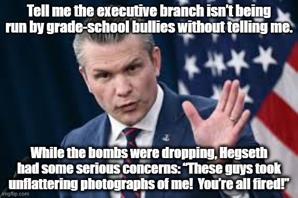 Department of War Snowflakes | Tell me the executive branch isn’t being run by grade-school bullies without telling me. While the bombs were dropping, Hegseth had some serious concerns: “These guys took unflattering photographs of me!  You’re all fired!” | image tagged in photobombs,defense,maga,snowflakes,special snowflake,right wing | made w/ Imgflip meme maker