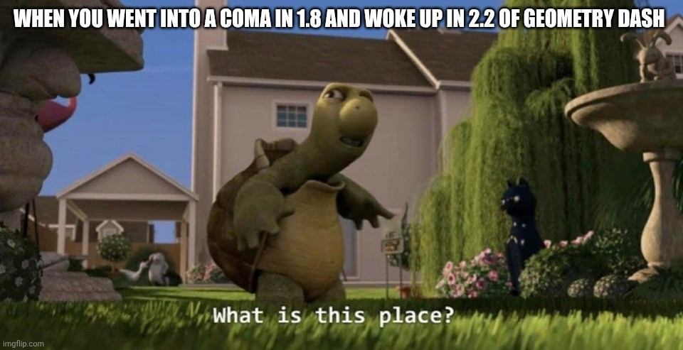 I can only imagine the confusion | WHEN YOU WENT INTO A COMA IN 1.8 AND WOKE UP IN 2.2 OF GEOMETRY DASH | image tagged in what is this place | made w/ Imgflip meme maker