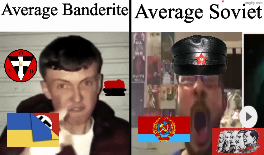 I support Ukraine against communism, but banderism is also evil. Stepan Bandera is a joke | Average Banderite; Average Soviet | image tagged in average fan vs nerd average fan,communism,communist,ukraine,ukrainian,ussr | made w/ Imgflip meme maker