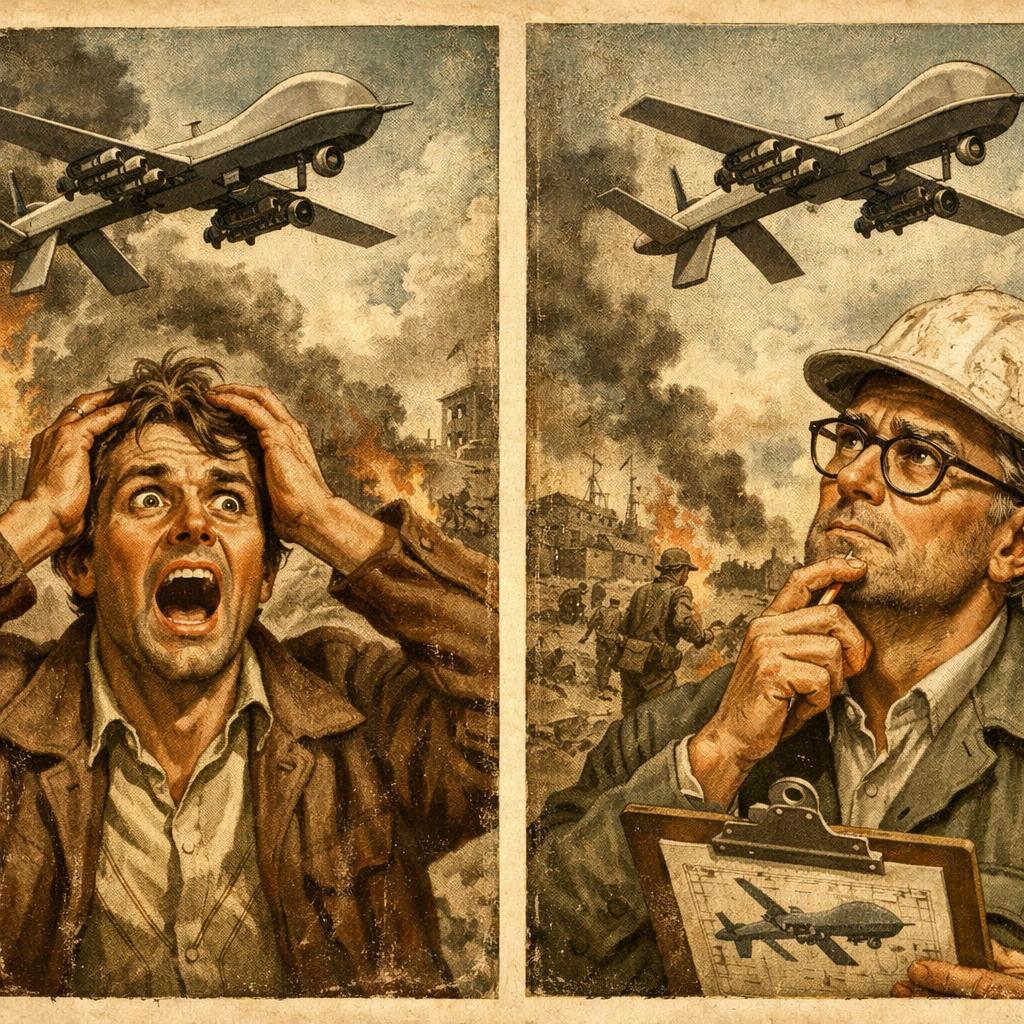 a normal person seing a drone during war with scrry reaction on Blank Meme Template