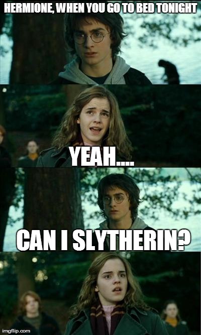 harry gets lonely | HERMIONE, WHEN YOU GO TO BED TONIGHT YEAH.... CAN I SLYTHERIN? | image tagged in memes | made w/ Imgflip meme maker