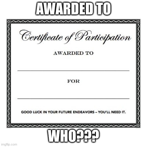 participation award | AWARDED TO; WHO??? | image tagged in participation award | made w/ Imgflip meme maker
