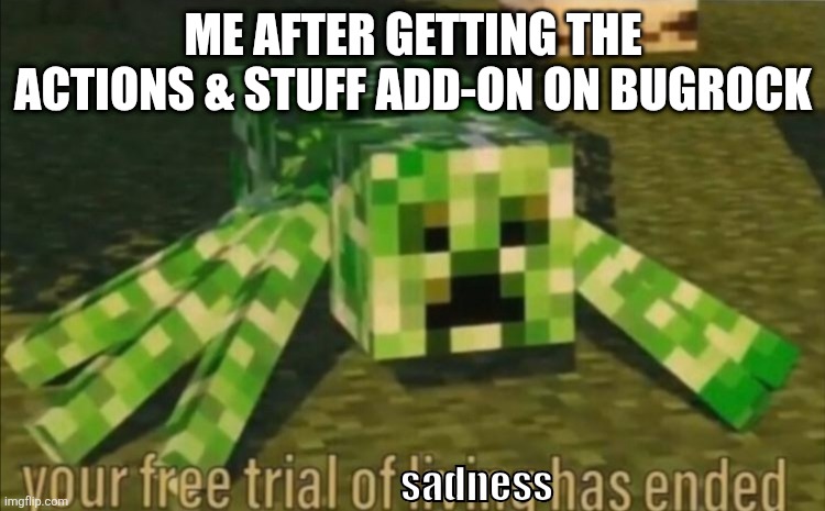 Your Free Trial of Living Has Ended | ME AFTER GETTING THE ACTIONS & STUFF ADD-ON ON BUGROCK; sadness | image tagged in your free trial of living has ended | made w/ Imgflip meme maker