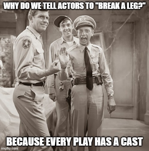 Daily Bad Dad Joke March 13, 2026 | WHY DO WE TELL ACTORS TO "BREAK A LEG?"; BECAUSE EVERY PLAY HAS A CAST | image tagged in mayberrian actors who wish they were actually cops | made w/ Imgflip meme maker