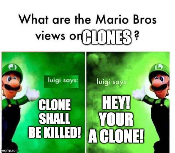 witch one is the real luigi? | CLONES; CLONE SHALL BE KILLED! HEY! YOUR A CLONE! | image tagged in mario bros views,mario | made w/ Imgflip meme maker