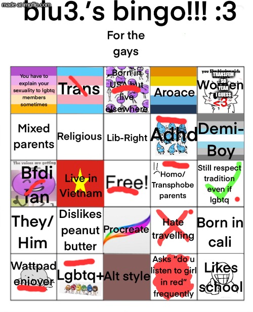 blu3.’s bingo!!! :3 | TRANSFEM SO YEAH I GUESS | image tagged in blu3 s bingo 3 | made w/ Imgflip meme maker