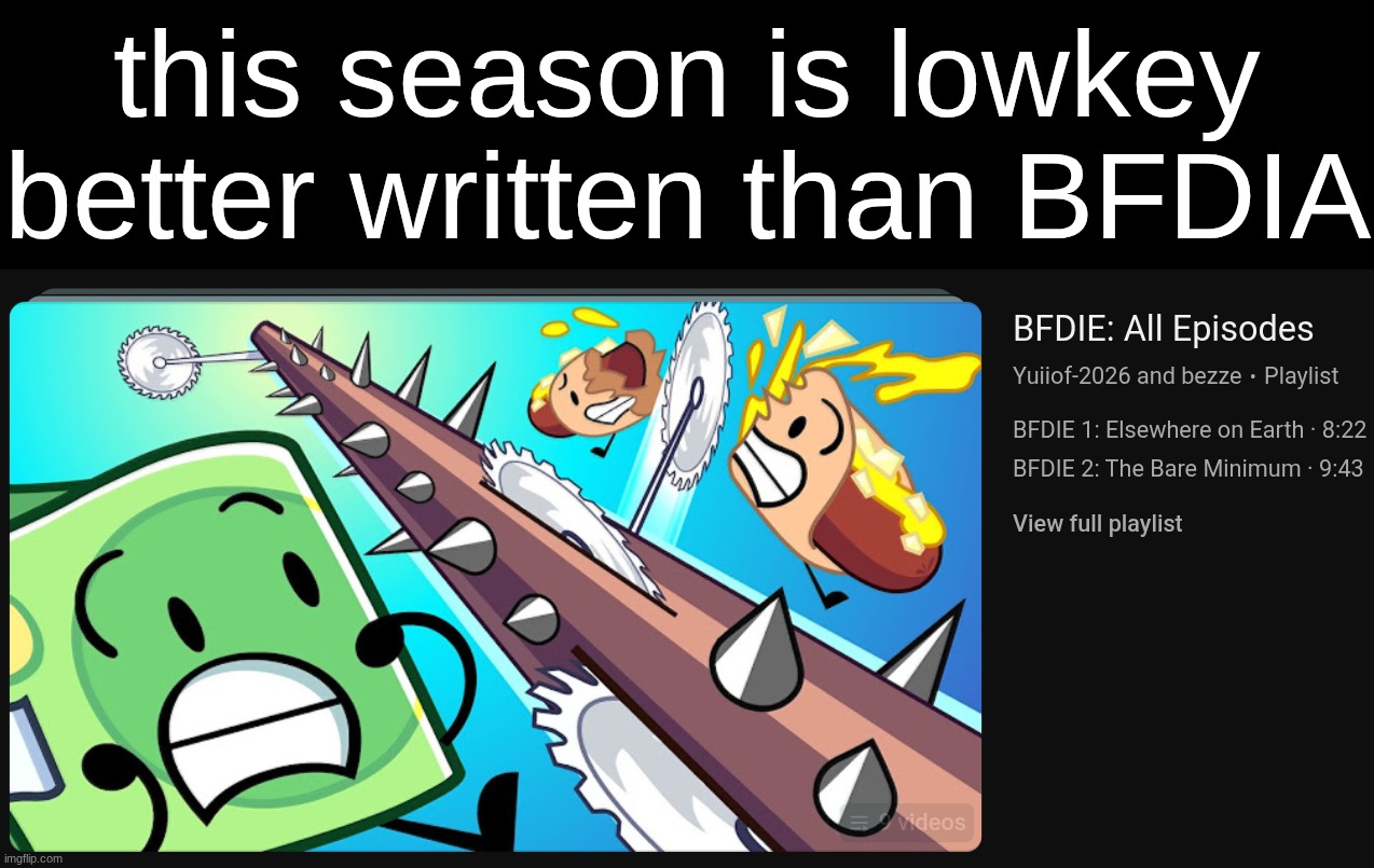 episodes they made in a week are better than episodes made in months, probably because the viewers don't affect the season | this season is lowkey better written than BFDIA | made w/ Imgflip meme maker