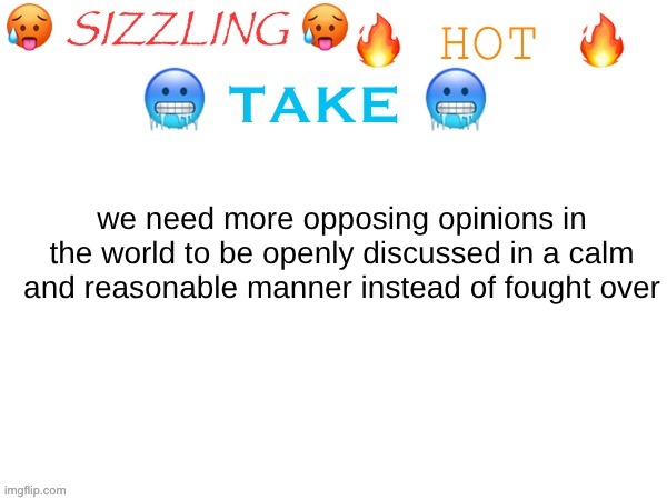 sizzling hot take | we need more opposing opinions in the world to be openly discussed in a calm and reasonable manner instead of fought over | image tagged in sizzling hot take | made w/ Imgflip meme maker