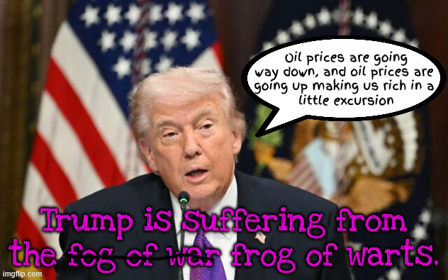 The Frog of Warts | Oil prices are going way down, and oil prices are 
going up making us rich in a 
little excursion; Trump is suffering from the fog of war frog of warts. | image tagged in the frog of warts,brain spurs,conflicted contadiction canniption,tds trump delusional syndrom | made w/ Imgflip meme maker