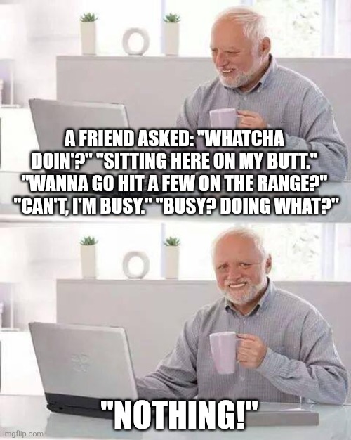 Nothing's gonna stop me now! | A FRIEND ASKED: "WHATCHA DOIN'?" "SITTING HERE ON MY BUTT." "WANNA GO HIT A FEW ON THE RANGE?"  "CAN'T, I'M BUSY." "BUSY? DOING WHAT?"; "NOTHING!" | image tagged in memes,hide the pain harold,nothing,nothing to see here,satire,lazy | made w/ Imgflip meme maker