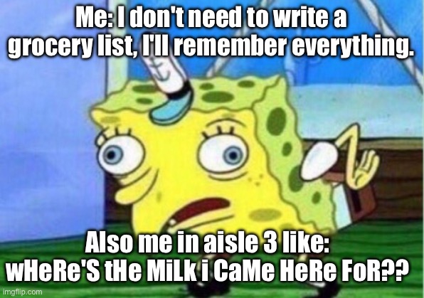 Mocking Spongebob Meme | Me: I don't need to write a grocery list, I'll remember everything. Also me in aisle 3 like: wHeRe'S tHe MiLk i CaMe HeRe FoR?? | image tagged in memes,mocking spongebob | made w/ Imgflip meme maker
