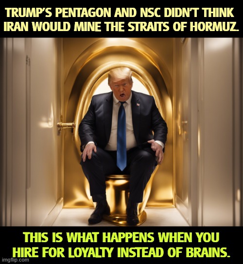 TRUMP'S PENTAGON AND NSC DIDN'T THINK 
IRAN WOULD MINE THE STRAITS OF HORMUZ. THIS IS WHAT HAPPENS WHEN YOU HIRE FOR LOYALTY INSTEAD OF BRAINS. | image tagged in trump,pentagon,nsc,pete hegseth,loyalty,incompetence | made w/ Imgflip meme maker