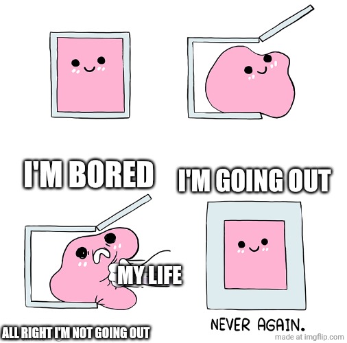 Pink Blob In the Box | I'M BORED; I'M GOING OUT; MY LIFE; ALL RIGHT I'M NOT GOING OUT | image tagged in pink blob in the box | made w/ Imgflip meme maker