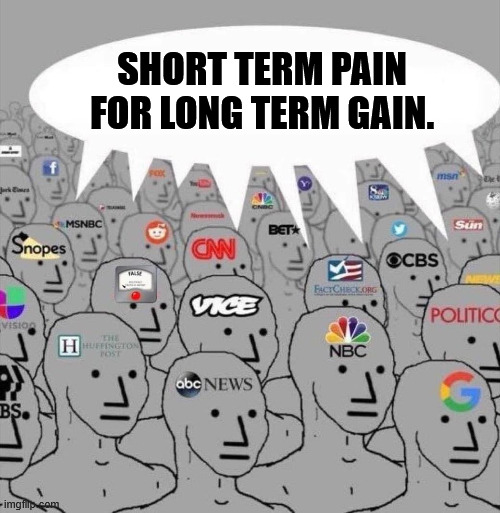 The Empire is falling, and yet the capitalist media continues to spin away, | SHORT TERM PAIN FOR LONG TERM GAIN. | image tagged in npc media,donald trump,iran,genocide,imperialism,fake news | made w/ Imgflip meme maker