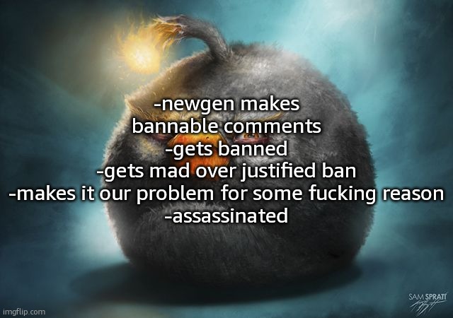 angry birds bomb | -newgen makes bannable comments
-gets banned
-gets mad over justified ban
-makes it our problem for some fucking reason
-assassinated | image tagged in angry birds bomb | made w/ Imgflip meme maker