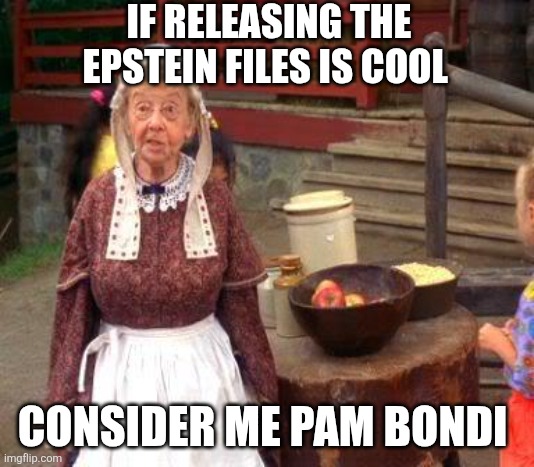 Release the Billy Madison files | IF RELEASING THE EPSTEIN FILES IS COOL; CONSIDER ME PAM BONDI | image tagged in old woman billy madison | made w/ Imgflip meme maker